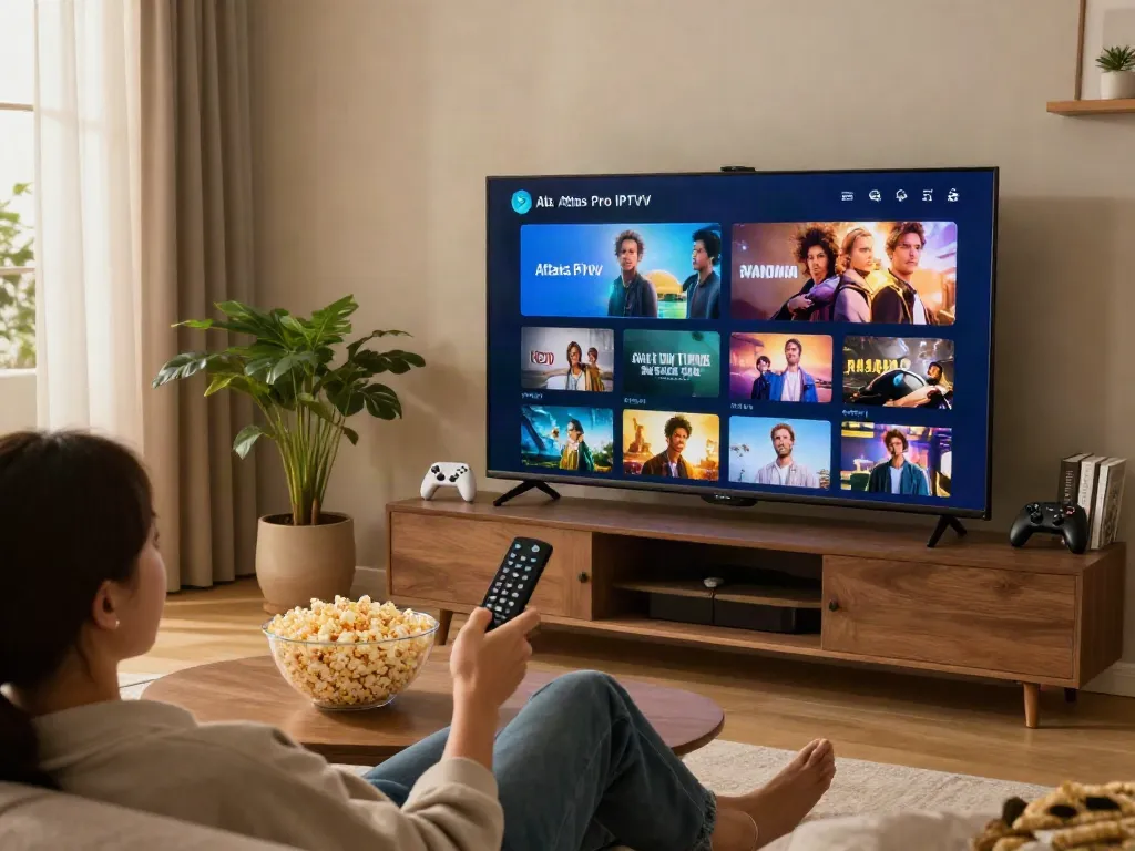 Téléchargez Atlas Pro IPTV pour accéder à des chaînes en direct et films en 4K dans un salon moderne.