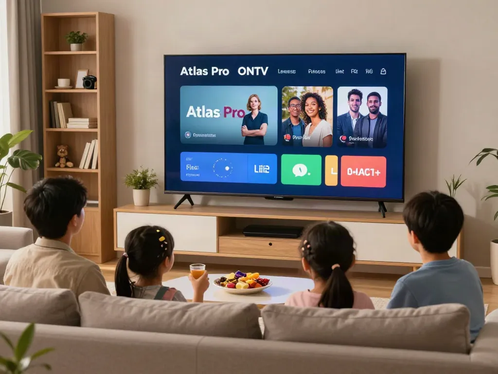 Profitez d'une soirée cinéma en famille avec Atlas Pro ONTV dans un salon moderne.