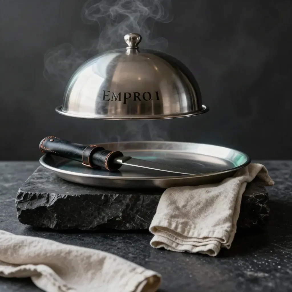 Cloche en inox entrouverte, couteau, pinces et plateau sur pierre dans une lumière matinale humide.