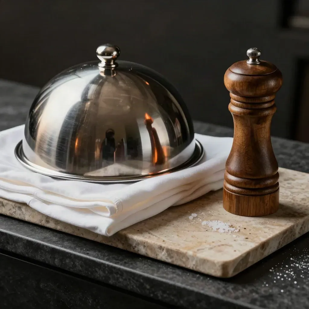 Cloche polie, veste de chef pliée, poivrier et planche en pierre dans une lumière chaude.