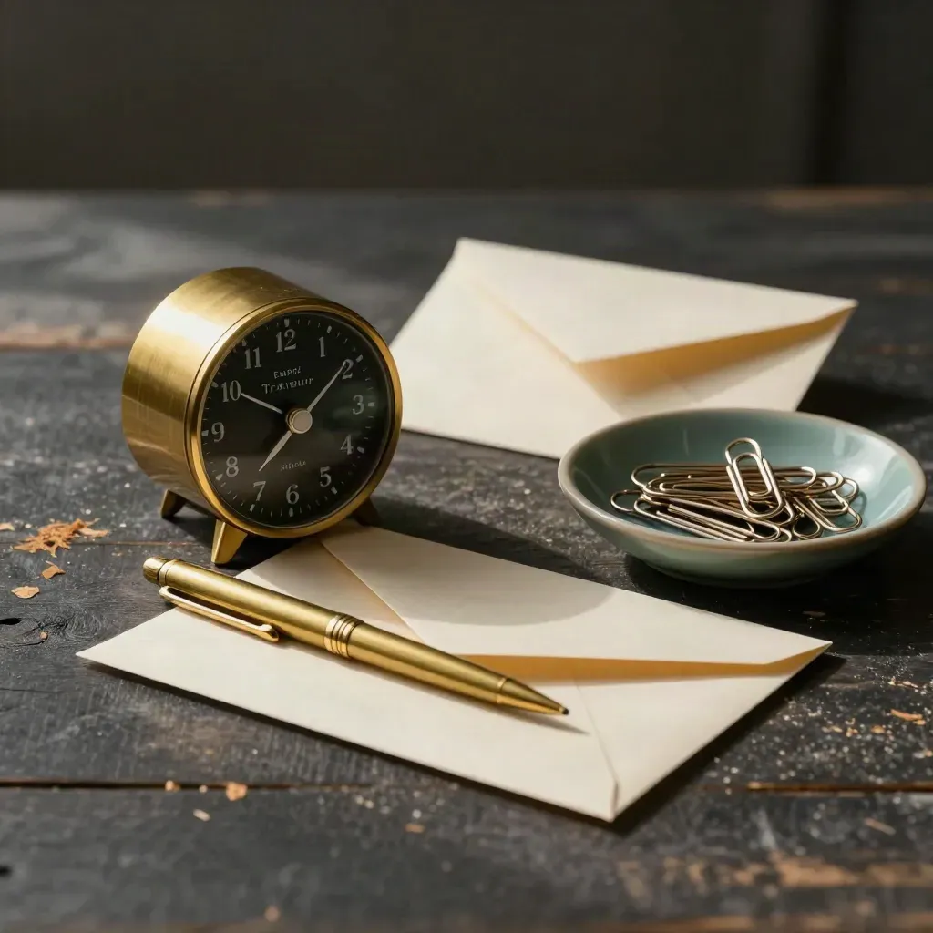 Nature morte éditoriale avec minuteur, stylo laiton, enveloppe et trombones sur bois charbon.